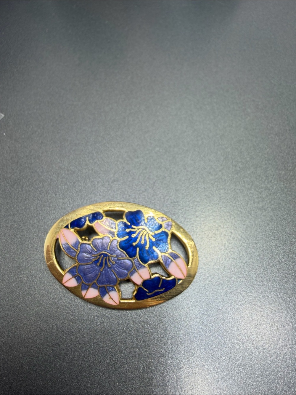 Vintage Cloisonné Floral Enamel Brooch with Blue and Pink Flowers